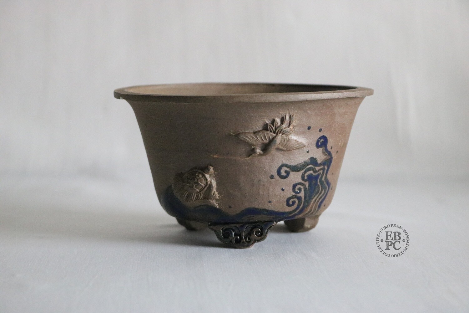 Amdouni Bonsai Pots - 12.3cm; Carved in Relief; &#39;Tsuru-Kame&#39;; Bird &amp; Turtle; Unglazed; Round; Sami Amdouni;