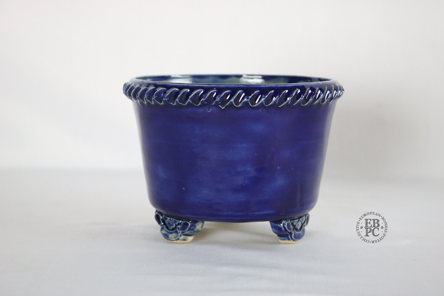 Amdouni Bonsai Pots - 13.5cm; Round; Shohin; Classic Design; Excellent Glaze; Ruri; Dark Blue; Detailed Feet; Rope Design Rim; Sami Amdouni.