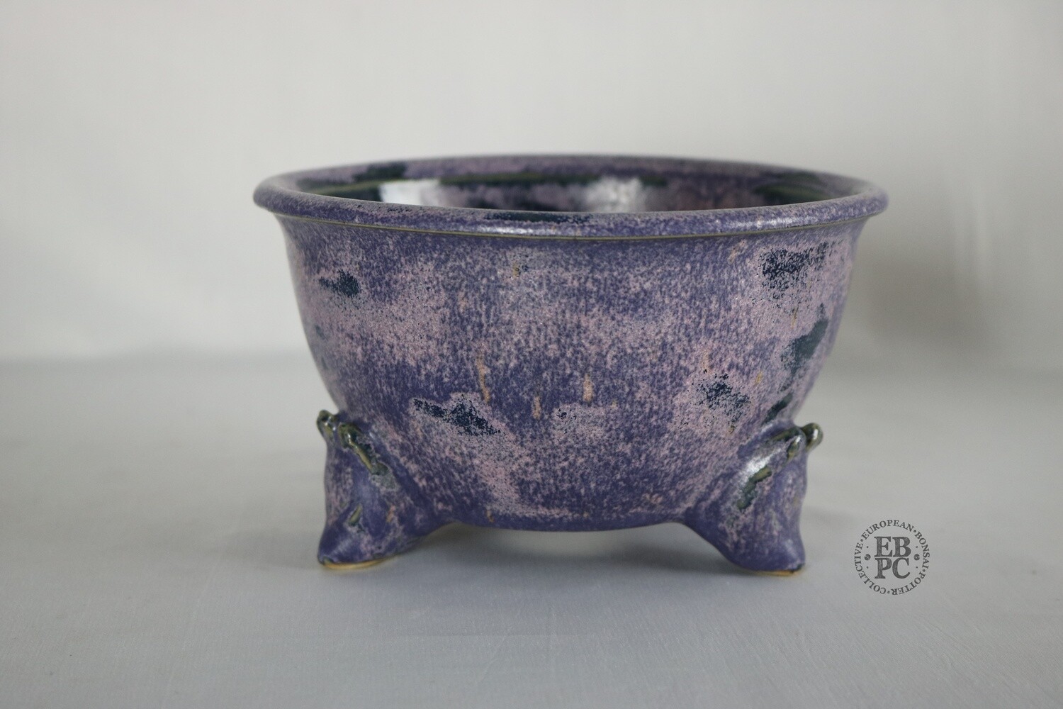 Amdouni Bonsai Pots - 15.7cm; Round; Shohin +; Kitsune / Fox Theme; Excellent Crystalline Glaze; Purple; Sculpted Feet; Sami Amdouni.