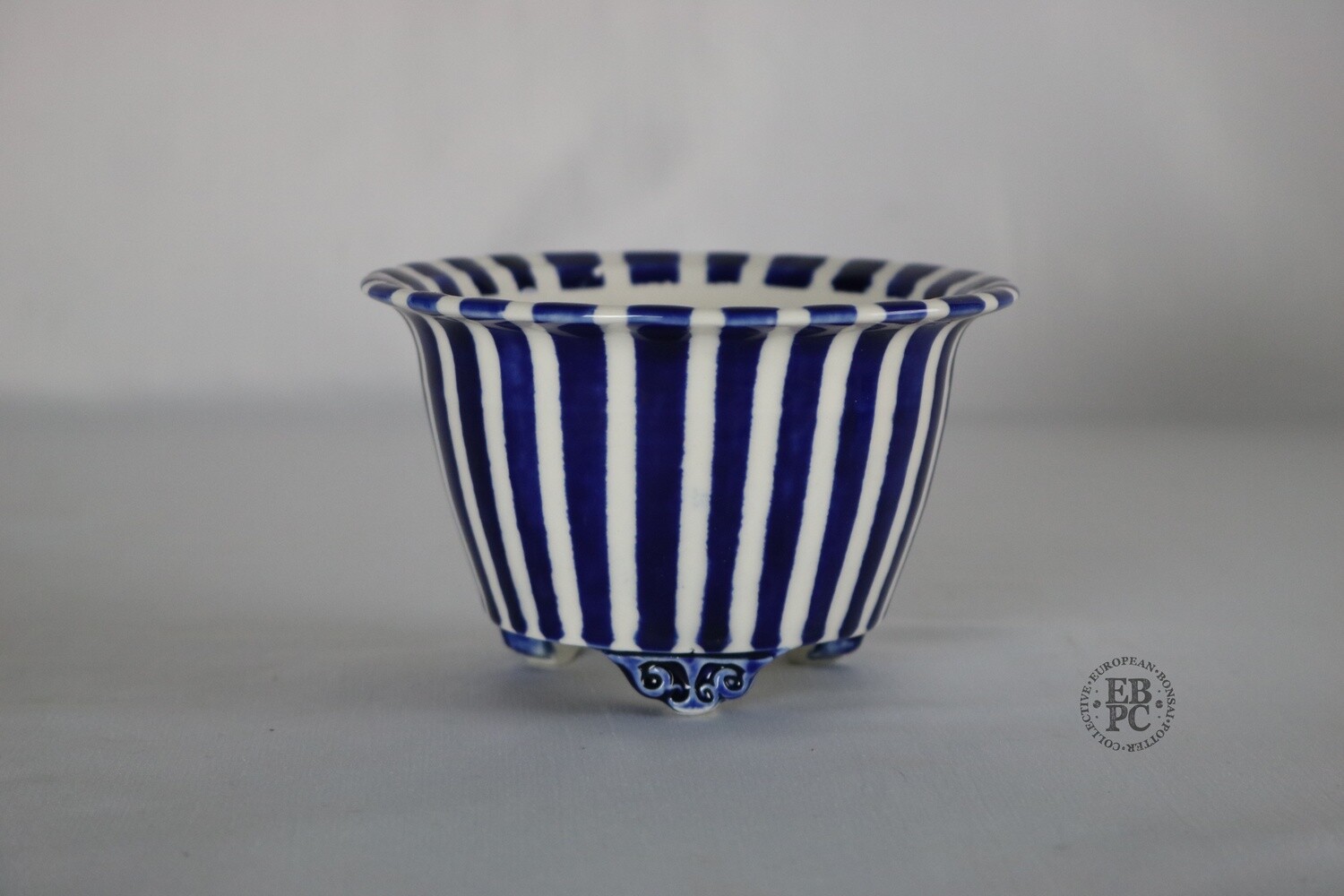 Amdouni Bonsai Pots - 11.8cm; Round; Porcelain; Striped Design; Dark Blue; Sculpted Feet; Bat Carved In Relief; Sami Amdouni.