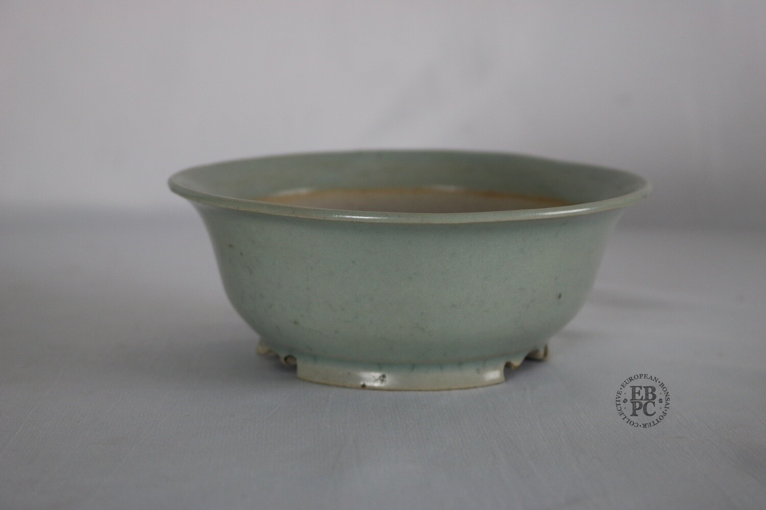 Amdouni Bonsai Pots - 14.3cm; Round; Shohin-Sized; Crackle Glaze; Grey/Green Celadon; Detailed Feet; Sami Amdouni.