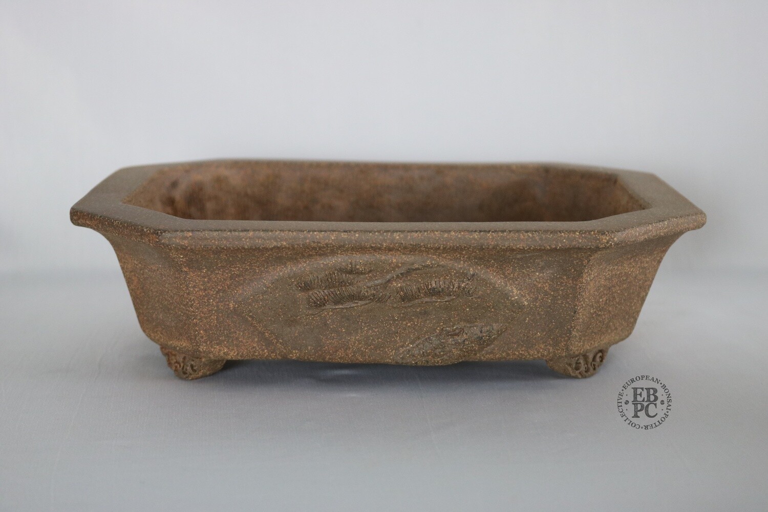 Amdouni Bonsai Pots - 24.3cm; Rectangle; Unglazed; Bold Design; Pine Branch In Relief; Carved Feet; Sami Amdouni