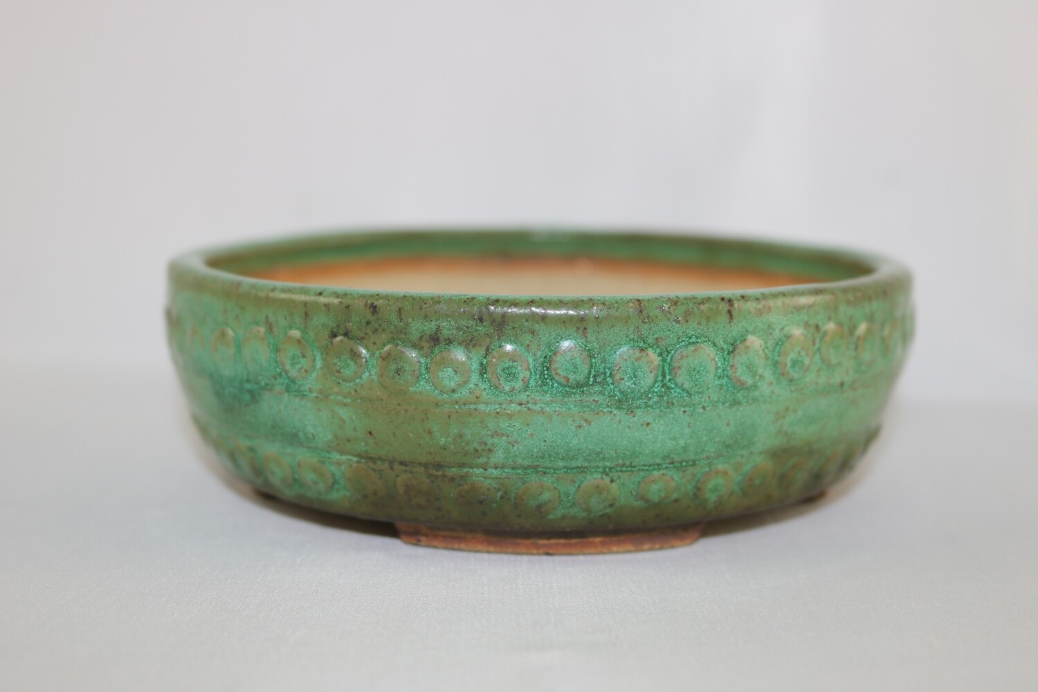 Ian Baillie - 15cm; Shohin; Round; Drum Style; Superb Glaze; Rivets/Studs; Aged-looking; Greens; Browns;  Excellent Piece!