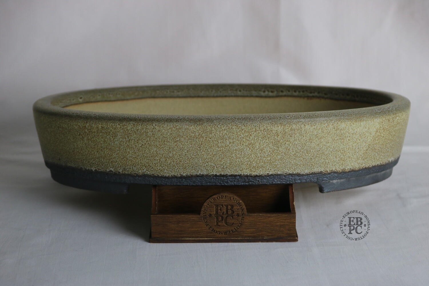 Walsall Studio Ceramics - Esther Griffiths; 35.7cm; Oval; Dappled Glaze; Olive Green/Brown Over Cream; EBPC Stamped.