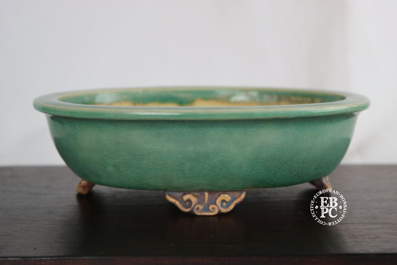 Greg Ceramics - 22.7cm; Oval; Glazed; Translucent Green; Crackle; EBPC Stamped.