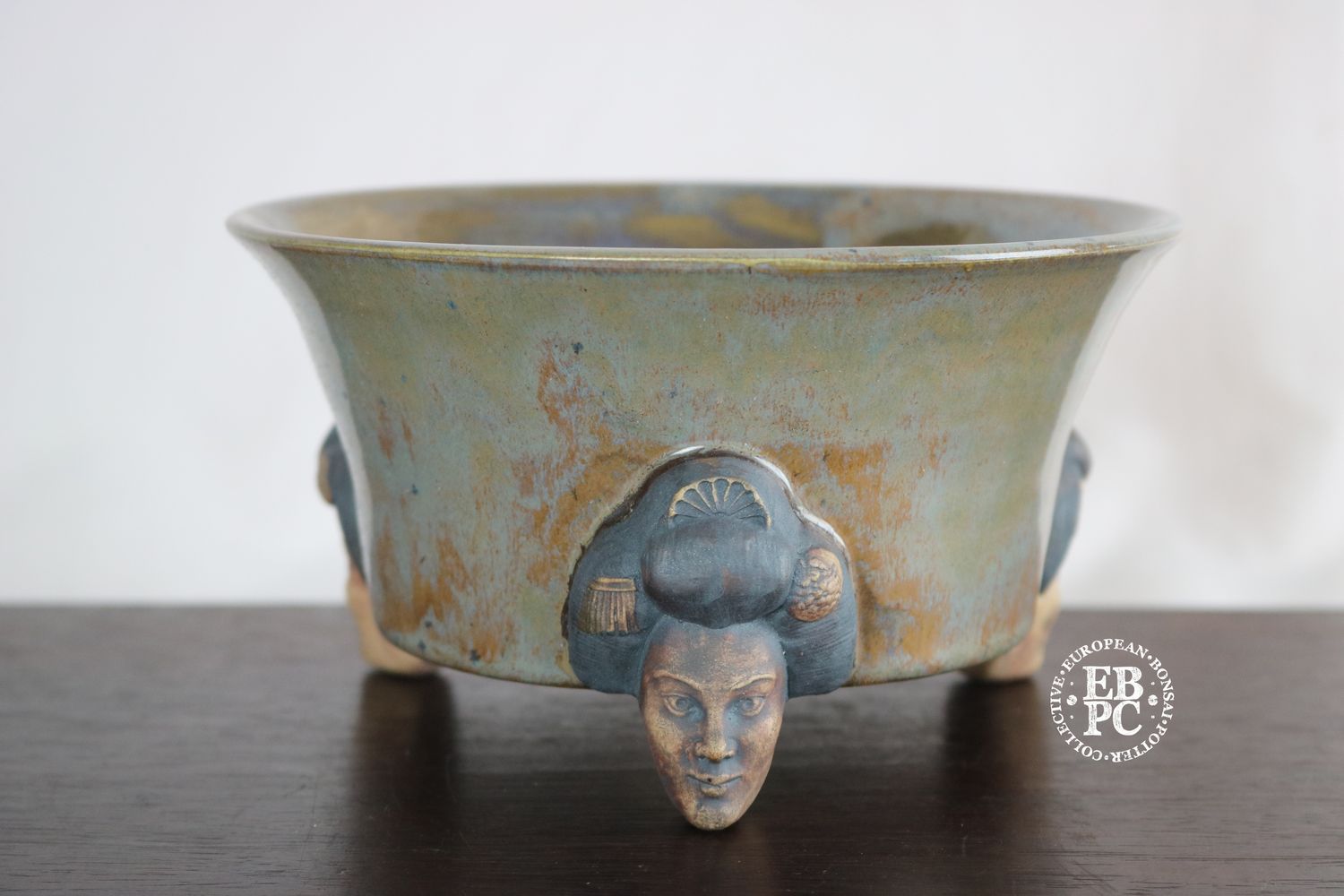 Greg Ceramics - 17.1cm; Round; Glazed; Sculpted Feet; Samurai Heads: Crystalline Glaze. EBPC Stamped.