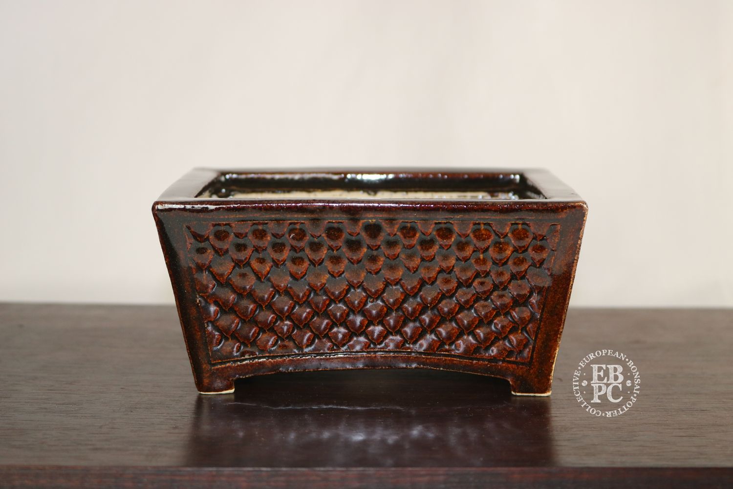 Maidenhair Ceramics - 15cm; Rectangle; Antique Chinese Homage; Arched Base Design; Inset Panels with &#39;Dragon-scale&#39; Pattern; Exquisite Glaze; Nick Hopes, Spain.