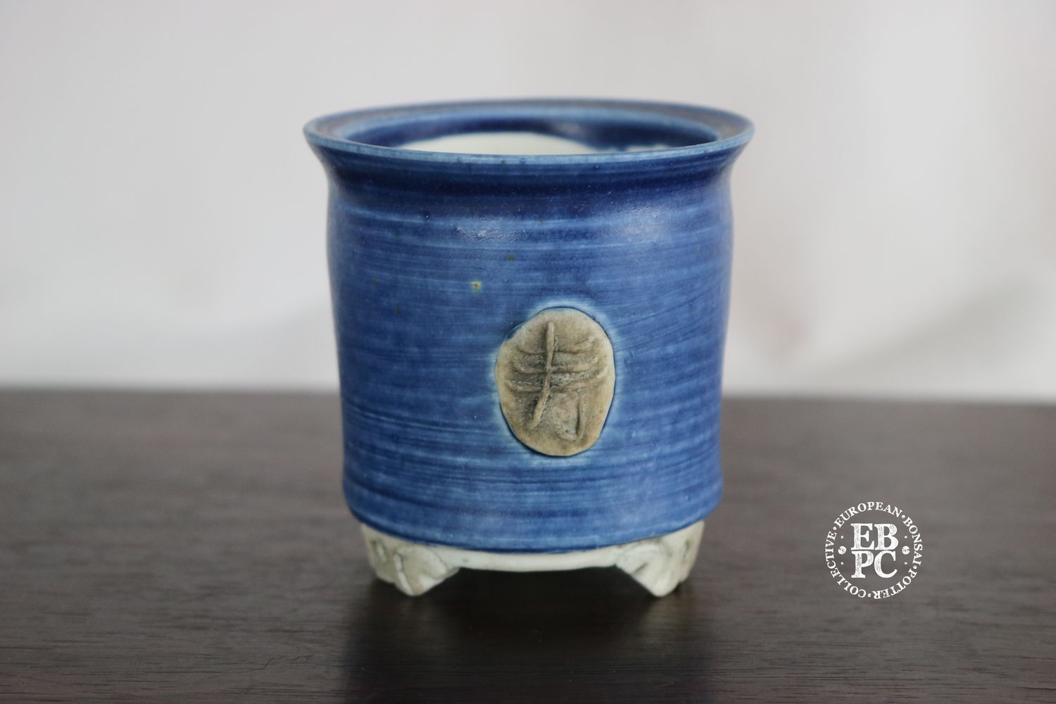 EBL Pots - 8.6cm; Porcelain; Handmade; Shohin / Accent Pot; Round; Carved &#39;春&#39; (spring) Motif; Blue Glaze; Detailed Feet; Elsebeth Ludwigsen