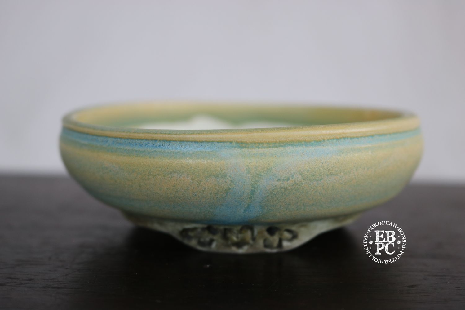EBL Pots - 11.3cm; Porcelain; Handmade; Shohin / Accent Pot; Round; Sand and Blue Glaze; Detailed Feet; Elsebeth Ludwigsen