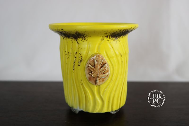 EBL Pots - 9cm; Porcelain; Handmade; Shohin / Accent Pot; Round; Tree Motif; Vibrant Yellow Glaze; Volcanic Sand Brown; Detailed Feet; Elsebeth Ludwigsen