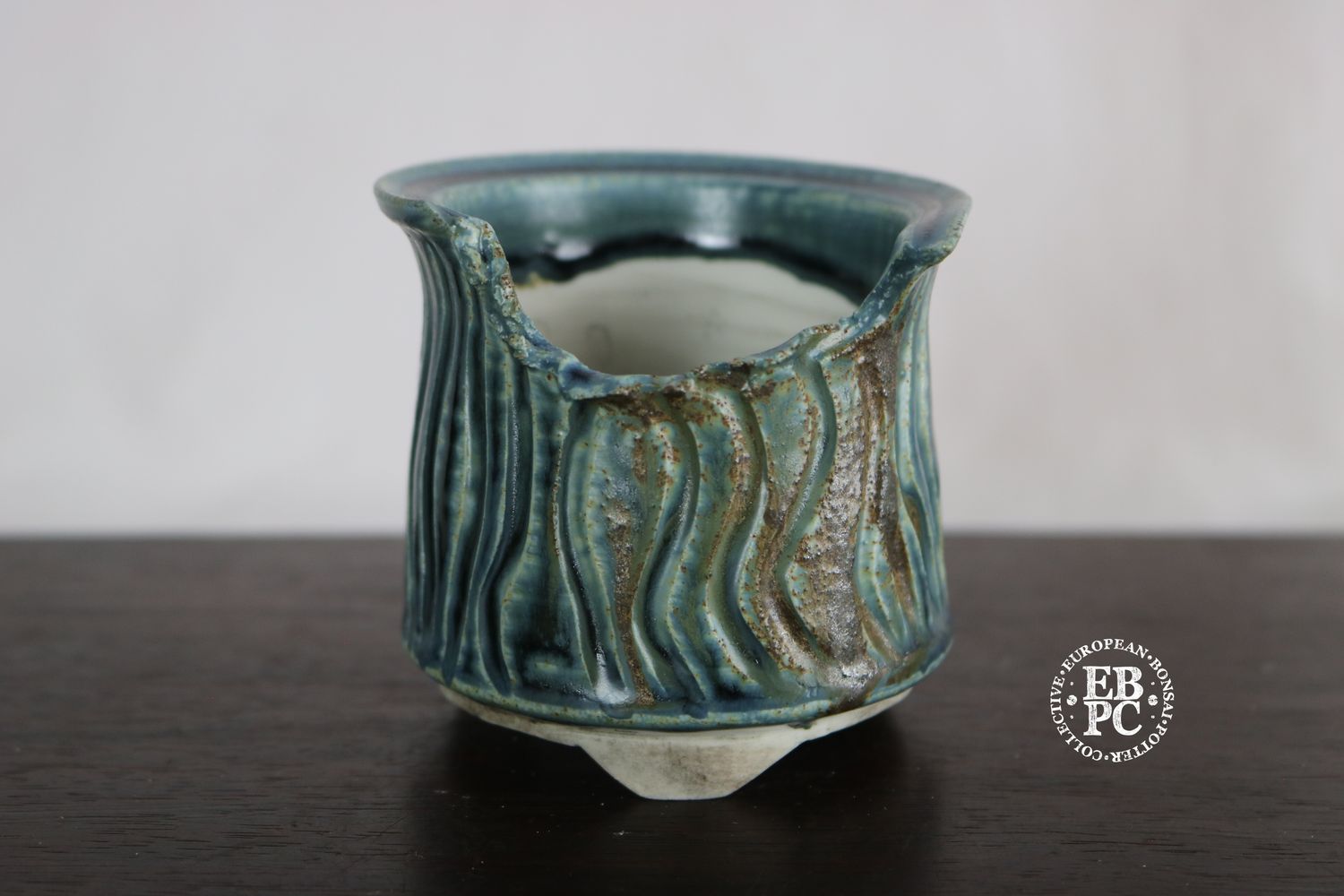 EBL Pots - 7.4cm; Porcelain; Handmade; Shohin / Accent Pot; Round; Decay Effect Detail; Teal Green Glaze; Volcanic Sand Brown; Detailed Feet; Elsebeth Ludwigsen