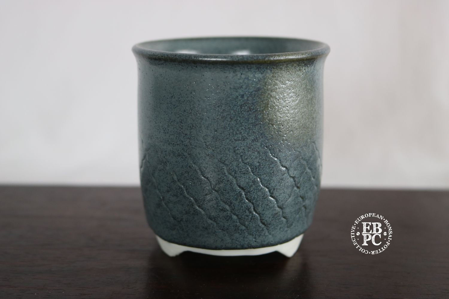 EBL Pots - 8.2cm; Porcelain; Handmade; Shohin / Accent Pot; Round; Delicate Design; Satin Glaze; Grey/Blue; Carved Patterns; Detailed Feet; Elsebeth Ludwigsen