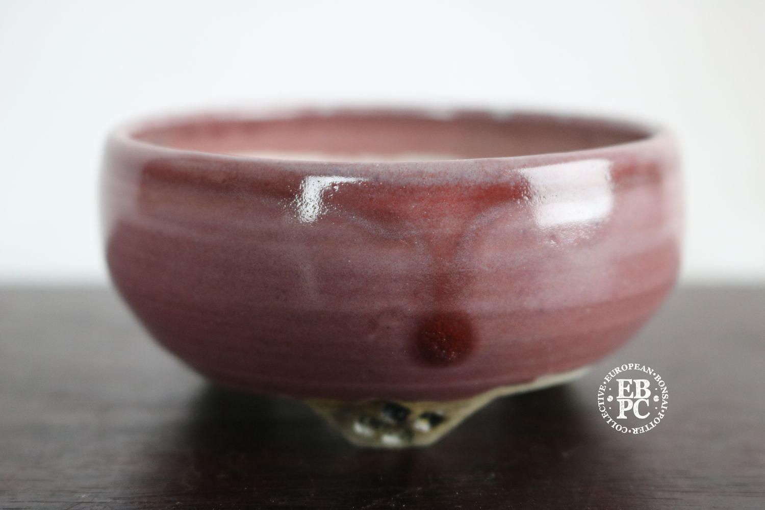 EBL Pots - 9.3cm; Porcelain; Handmade; Mame/Shohin/Accent Pot; Round; Peach Blossom Glaze; Pink / Peach; Detailed Feet; Elsebeth Ludwigsen