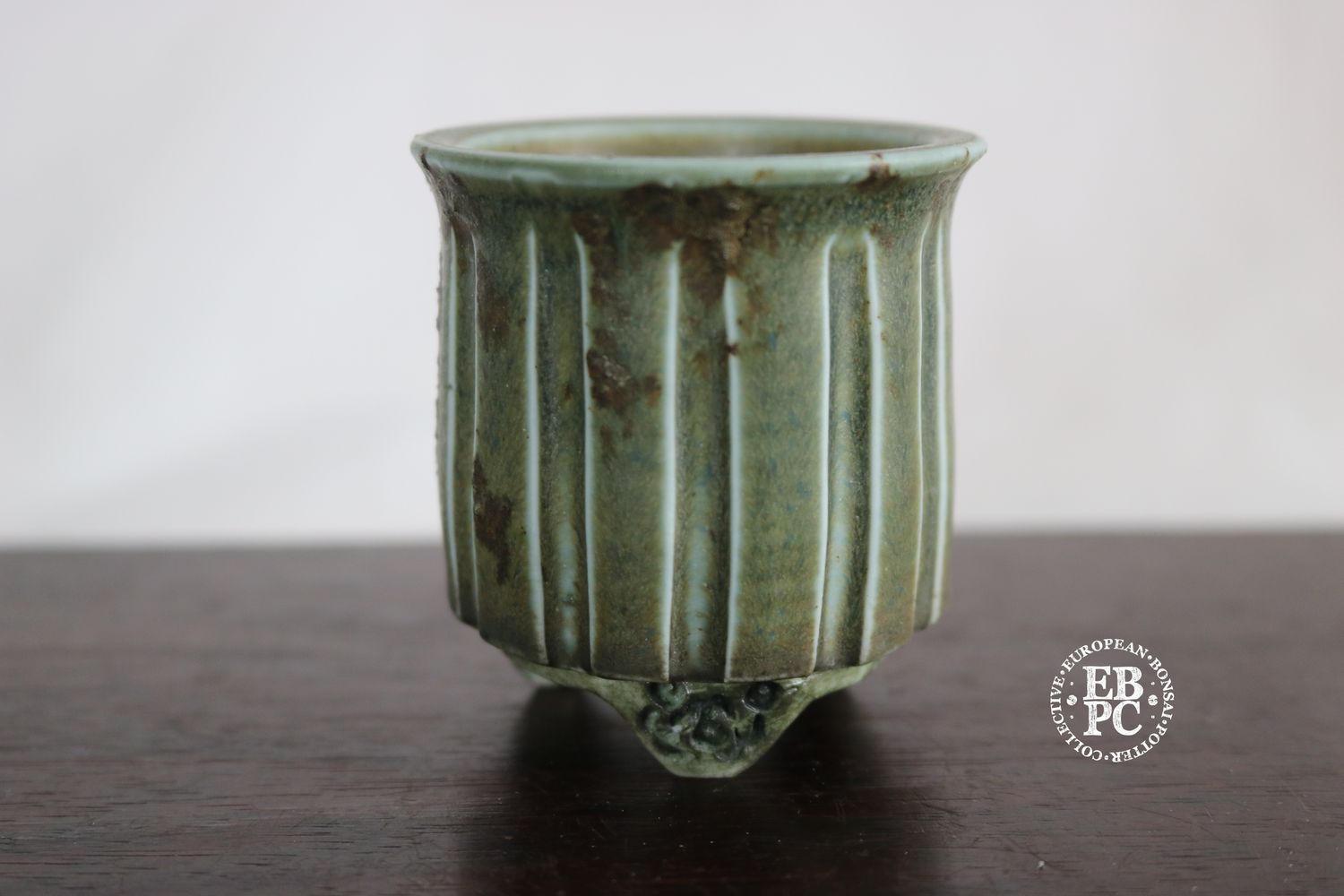 EBL Pots - 6cm; Porcelain; Handmade; Shohin / Accent Pot; Round; Carved Stripes Design; Green &amp; Brown Glaze; Detailed Feet; Elsebeth Ludwigsen