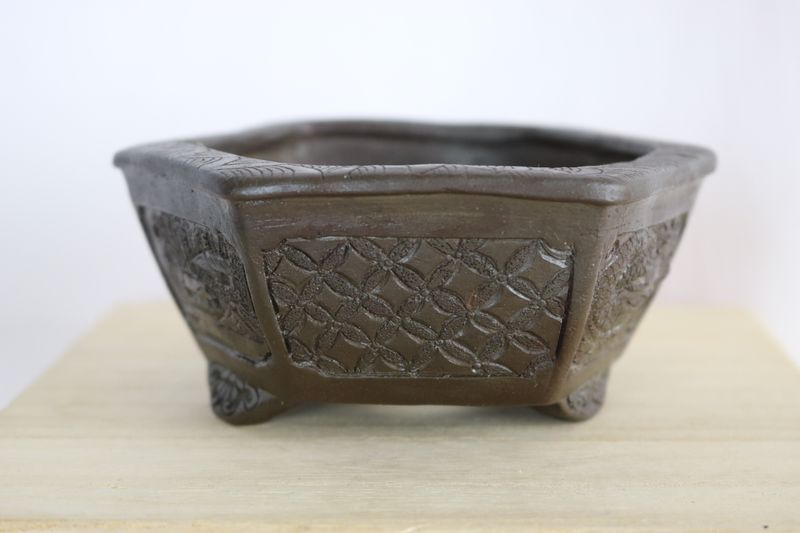 Tani Ranzan; Japan. 12.3cm; Hexagonal; Carved; Dragon; Landscape; Birds; Patterns; Signed By Artist.