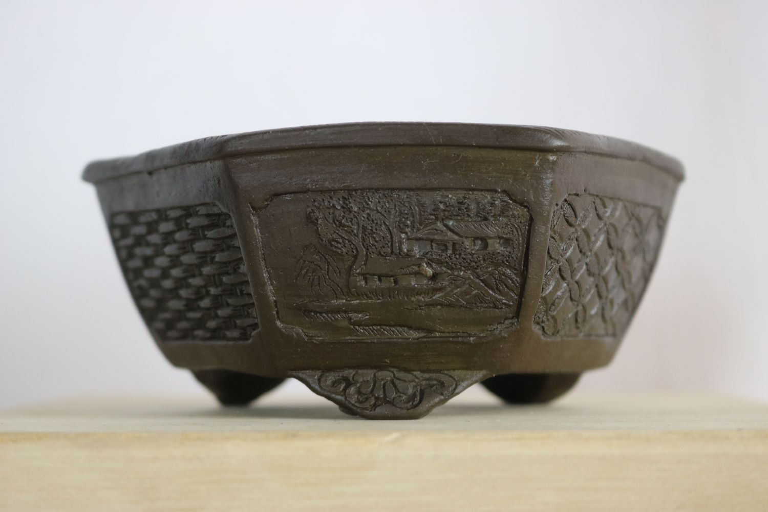 Tani Ranzan; Japan. 12.3cm; Hexagonal; Carved; Dragon; Landscape; Birds; Patterns; Signed By Artist.