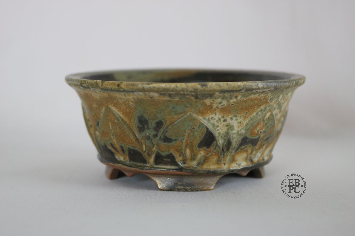 Gramming Pots - 12cm; Wood-Fired; Lotus Flower Design; &#39;Glazed&#39; ish; Carved Feet; Tomas Gramming.