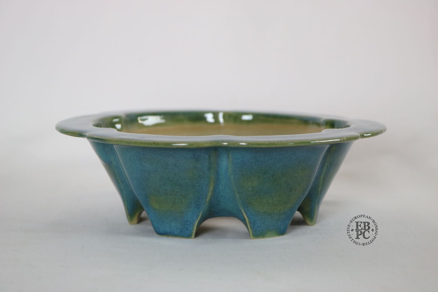 Gramming Pots - 18.3cm; Hand-made; Unique Design; Superb Blue/Green Glaze; Rinka / Flower Shape; Integrated Carved Feet; Tomas Gramming