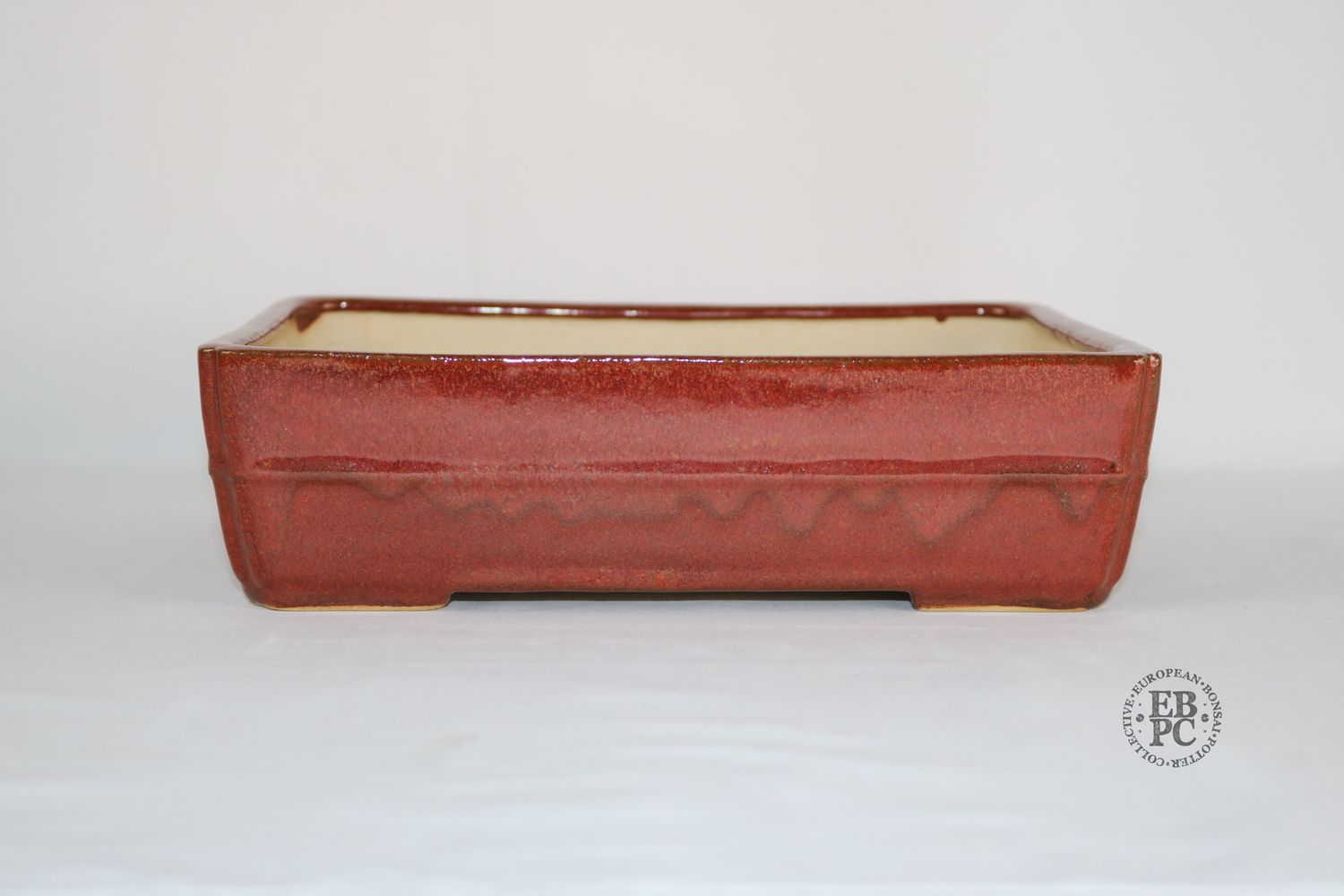 Fukurou Ceramics - Switzerland.  24.6cm; Hand-made; Rectangle; Banded Design; Excellent Glaze; Intricate Red; Yellows; Browns; Patrik Lüthi; EBPC Stamped