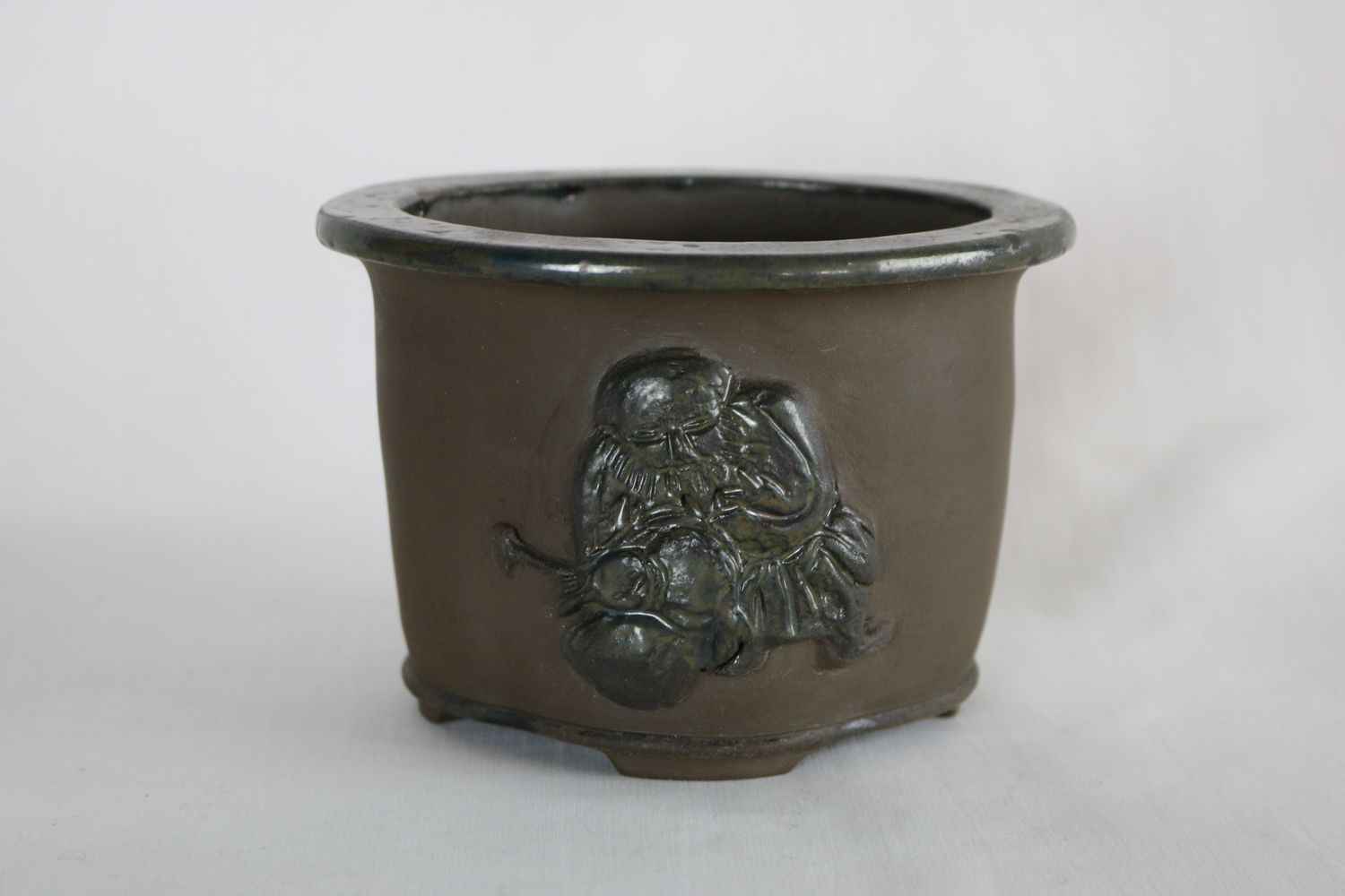25 Year Old COLLABORATION Pot! Peter Krebs &amp; Marc Noelanders.   - Deep Oval Shape; 2000 Made; Antique Chinese Design; Sculpted &#39;Sage&#39; / Wise Man Motif; Was a Limited Edition of 50.