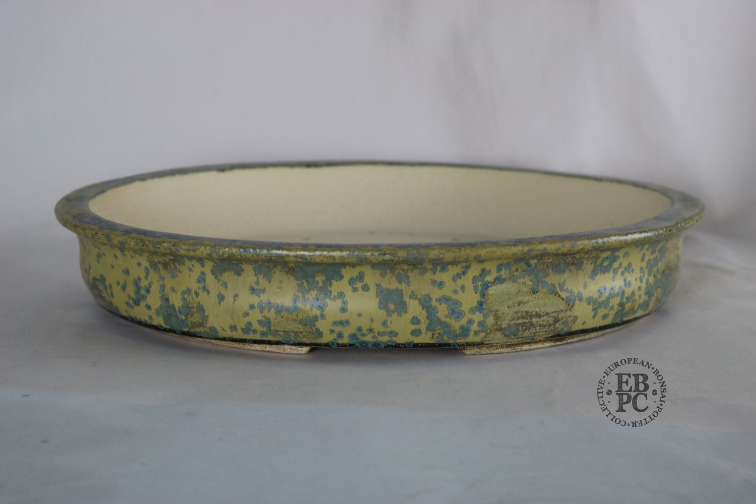 Bruno Auvinet - 37cm, Glazed; Oval; Crystalline Glaze; Mustard; Blues; EBPC Stamped; Bruno Auvinet