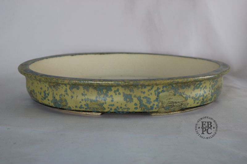 Bruno Auvinet - 37cm, Glazed; Oval; Crystalline Glaze; Mustard; Blues; EBPC Stamped; Bruno Auvinet