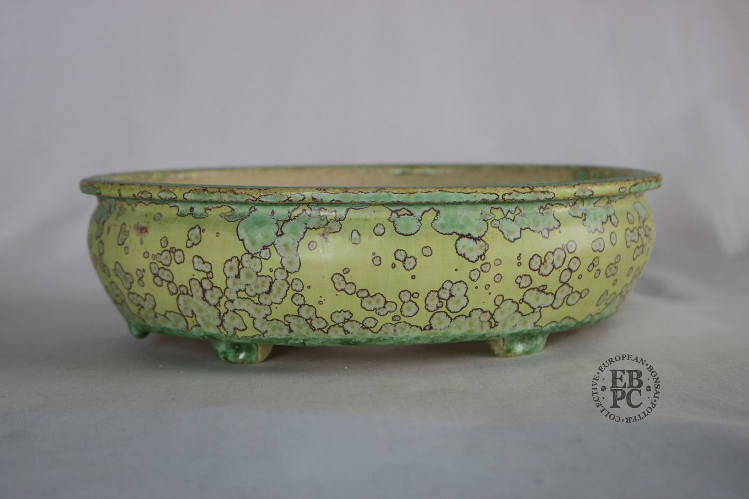 Bruno Auvinet - 21cm, Glazed; Bag Style Oval; Crystalline Glaze; Mustard; Blues; EBPC Stamped; Bruno Auvinet