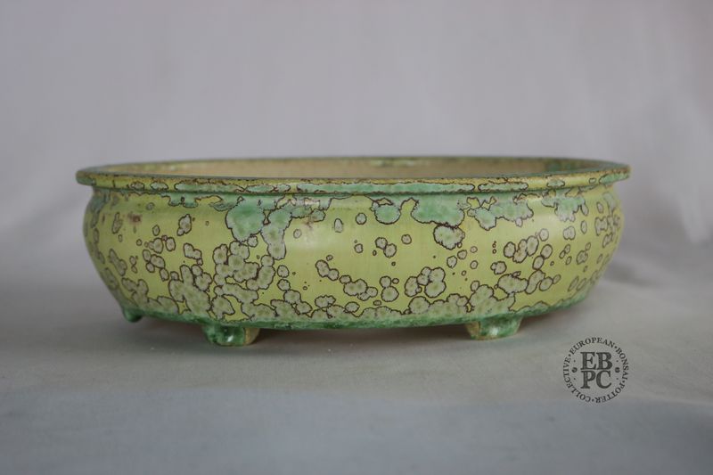 Bruno Auvinet - 21cm, Glazed; Bag Style Oval; Crystalline Glaze; Mustard; Blues; EBPC Stamped; Bruno Auvinet