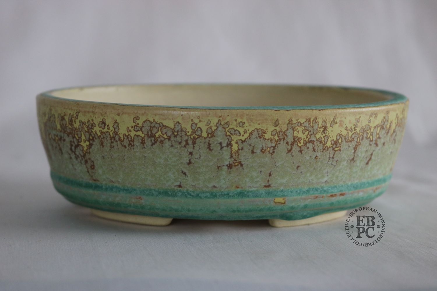 Bruno Auvinet - 17.6cm, Glazed; Oval; Crystalline Glaze; Aquamarine; Lichen; Silvery Crystals, Light Mustard; EBPC Stamped; Bruno Auvinet