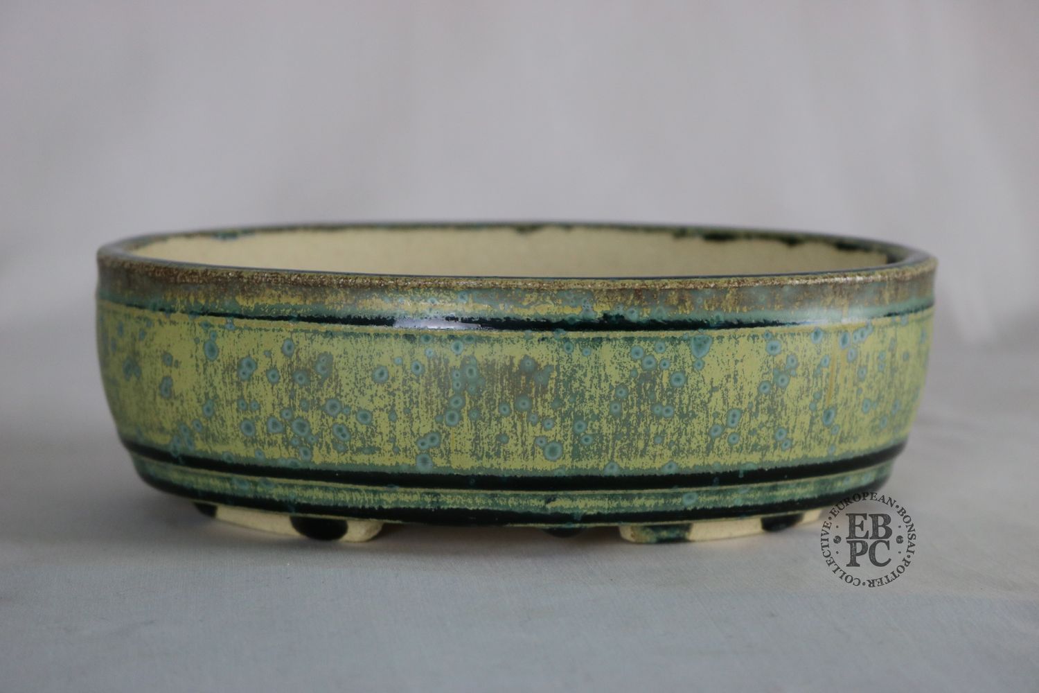 Bruno Auvinet - 19.7cm, Glazed; Oval; Crystalline Glaze; Greens; Browns; Blue Crystals; EBPC Stamped; Bruno Auvinet.