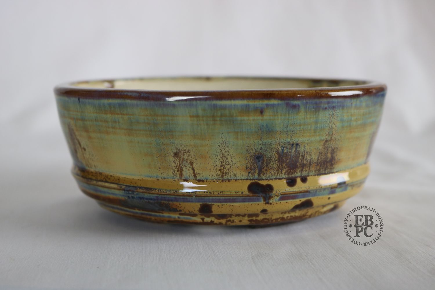 Bruno Auvinet - 16.3cm, Glazed; Oval; Crystalline Glaze; Greens; Browns; Blues; Purple; EBPC Stamped; Bruno Auvinet.