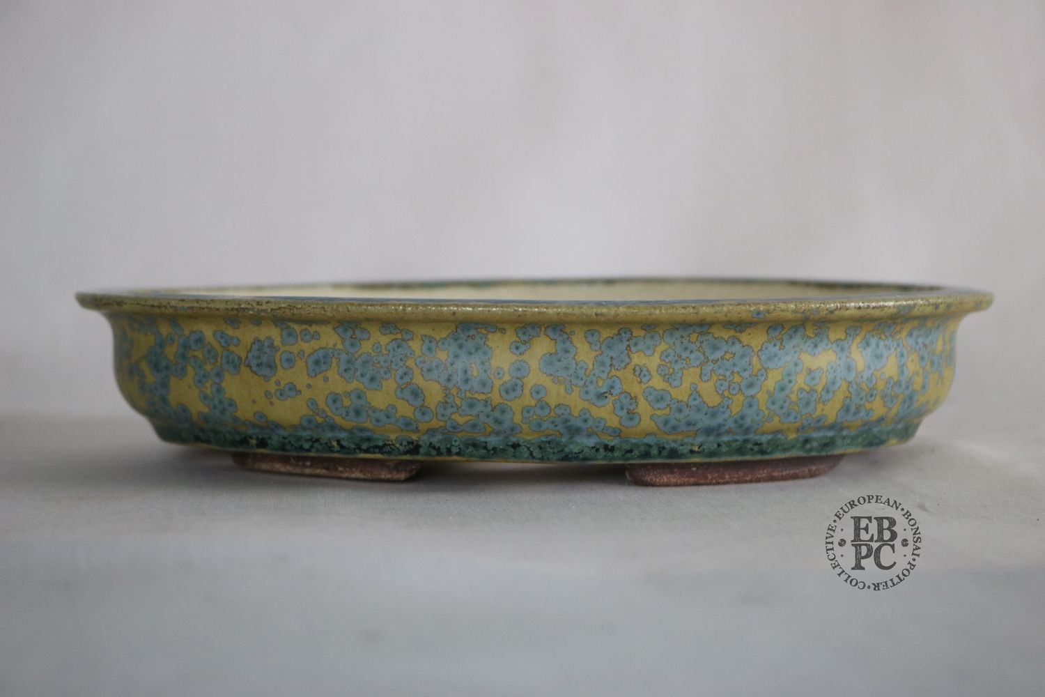 Bruno Auvinet - 21.2cm, Glazed; Oval; Crystalline Glaze; Mustard; Blues; EBPC Stamped; Bruno Auvinet.