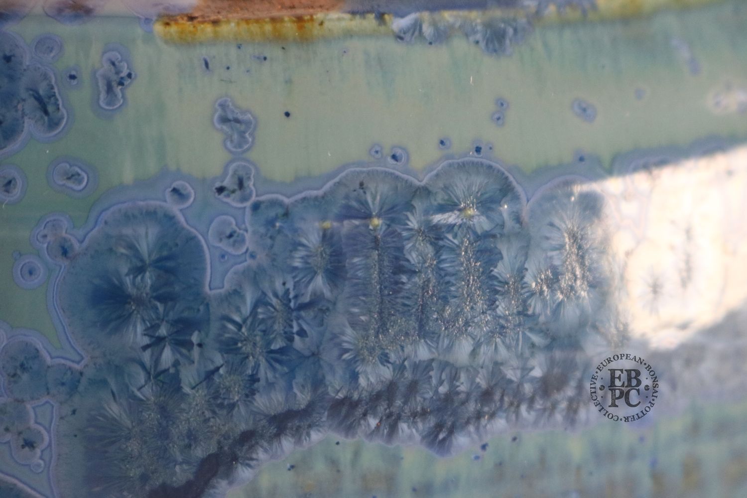Bruno Auvinet - 22.7cm, Glazed; Oval; Crystalline Glaze; Mustard; Blues; EBPC Stamped; Bruno Auvinet.
