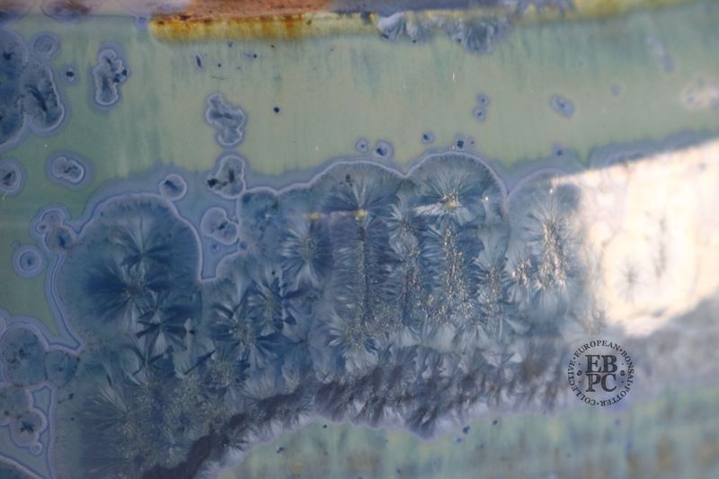 Bruno Auvinet - 22.7cm, Glazed; Oval; Crystalline Glaze; Mustard; Blues; EBPC Stamped; Bruno Auvinet.