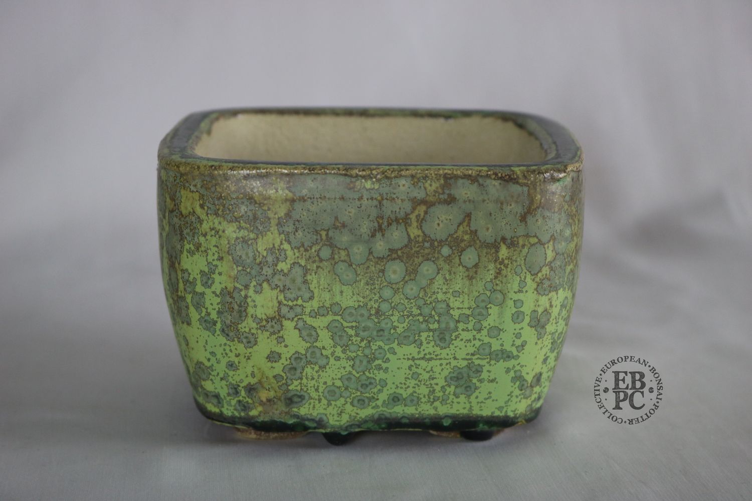 Bruno Auvinet - 12.7cm, Magnificent Crystalline Glaze; Square Cascade; Soft Corners; Moss &amp; Lichen Shades; Bruno Auvinet.
