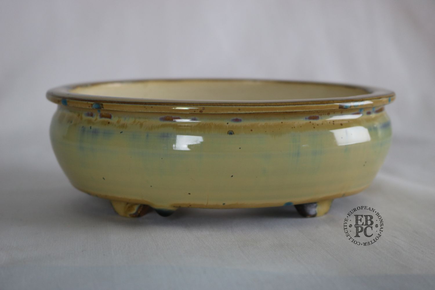 Bruno Auvinet - 18.7cm, Glazed; Bag Style Oval; Subtle Crystalline Glaze; Creamy Beige; Browns; Blues; EBPC Stamped; Bruno Auvinet