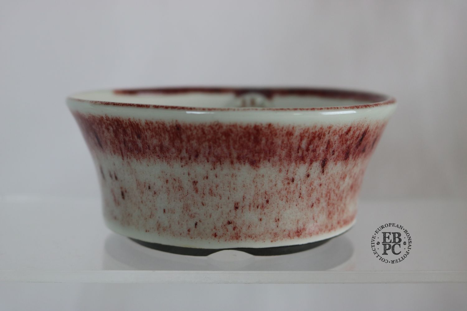 Sabine Besnard - 11cm; Round; Porcelain; Copper Red Glaze; Blood Red Over White&#39;; Browns; Crystalline Glaze; EBPC Stamped;