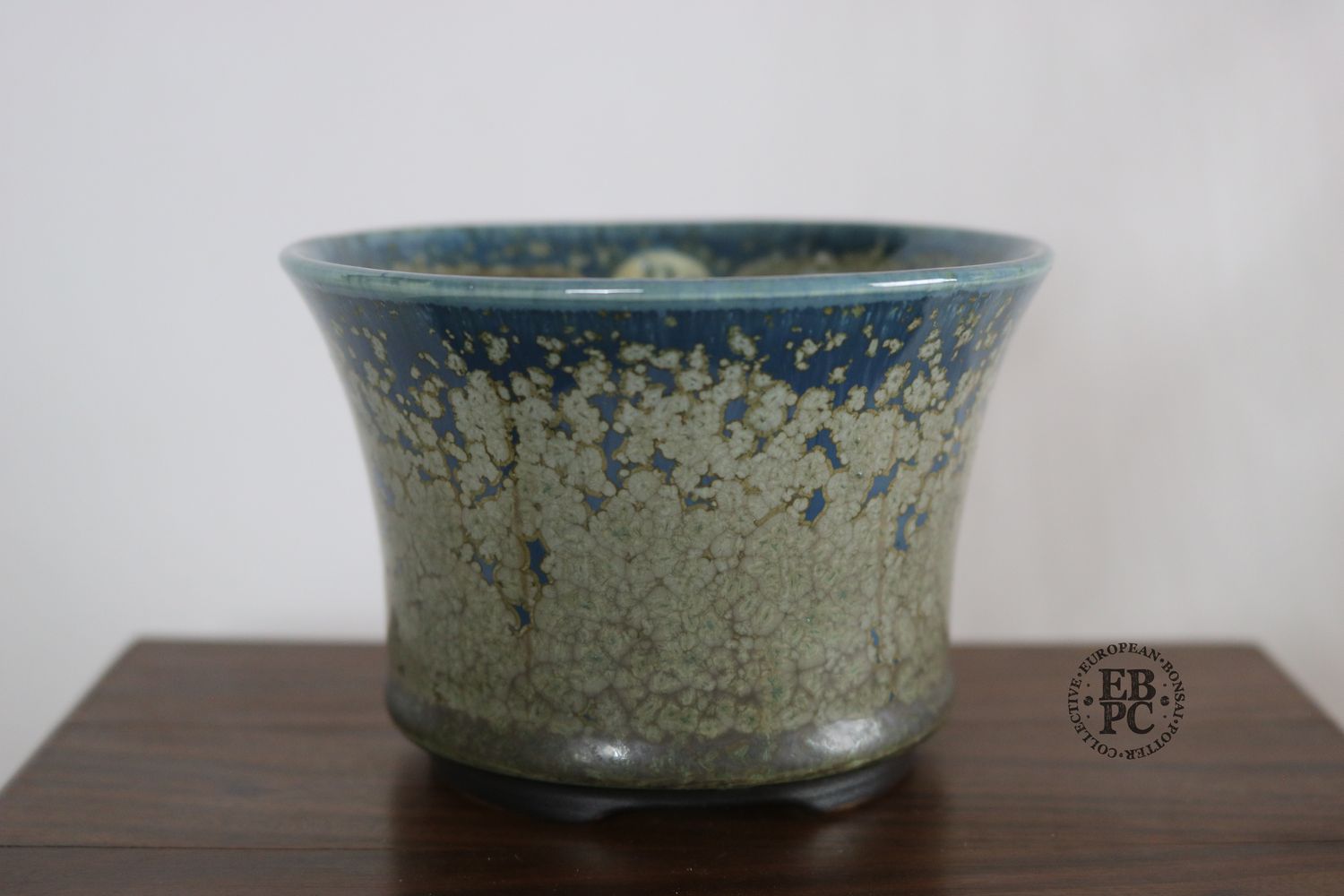 Sabine Besnard - 10.8cm; Round; Oak Ash Glaze; &#39;Yuuki d&#39;Or Bleu&#39; Glaze&#39;; &#39;Blue Gold&#39;; Browns; Crystalline Glaze; EBPC Stamped;