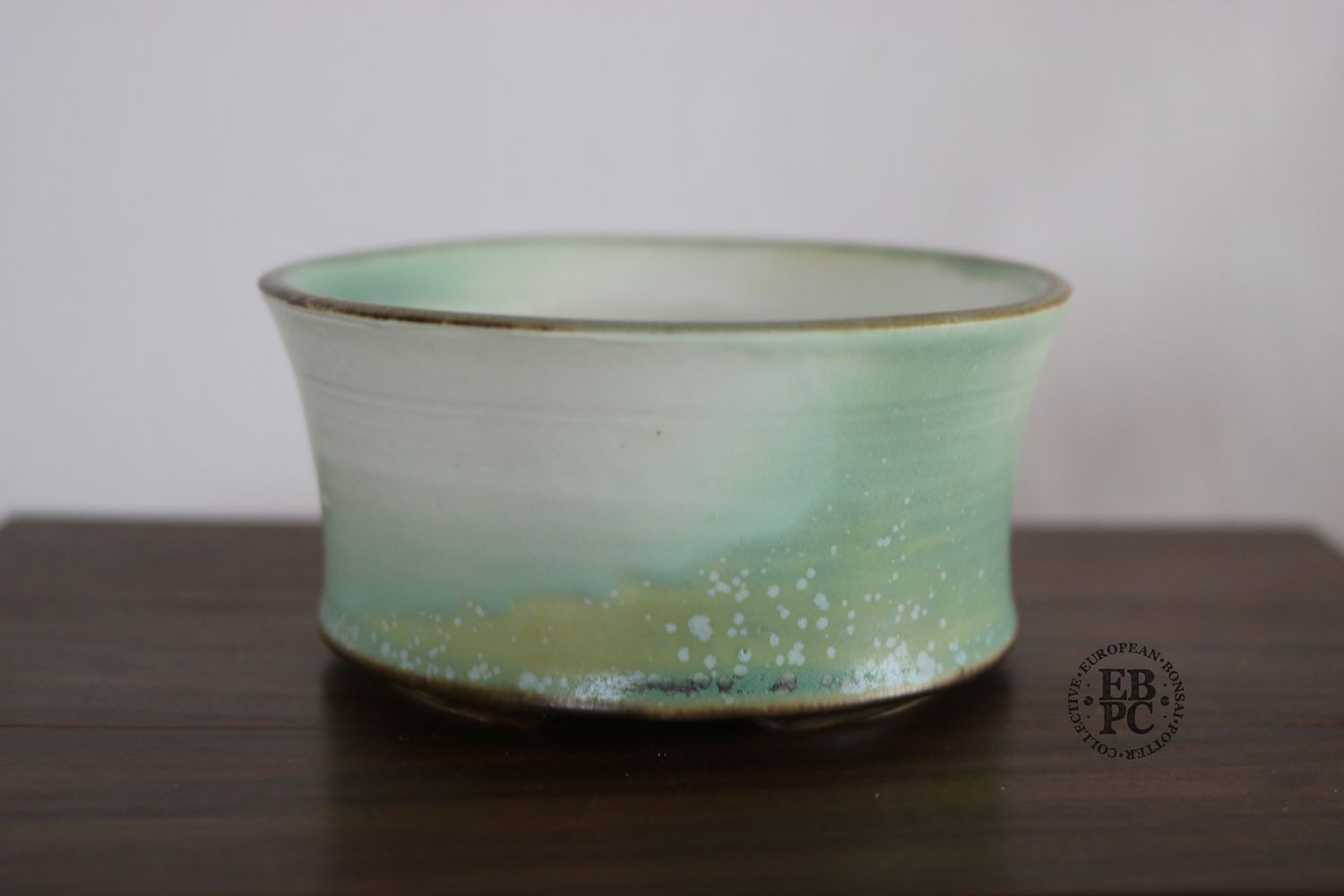 Sabine Besnard - 9.4cm; Round; &#39;Lichen Glaze&#39;; Greens; White; Yellow; Brown; Crystalline Glaze; EBPC Stamped.