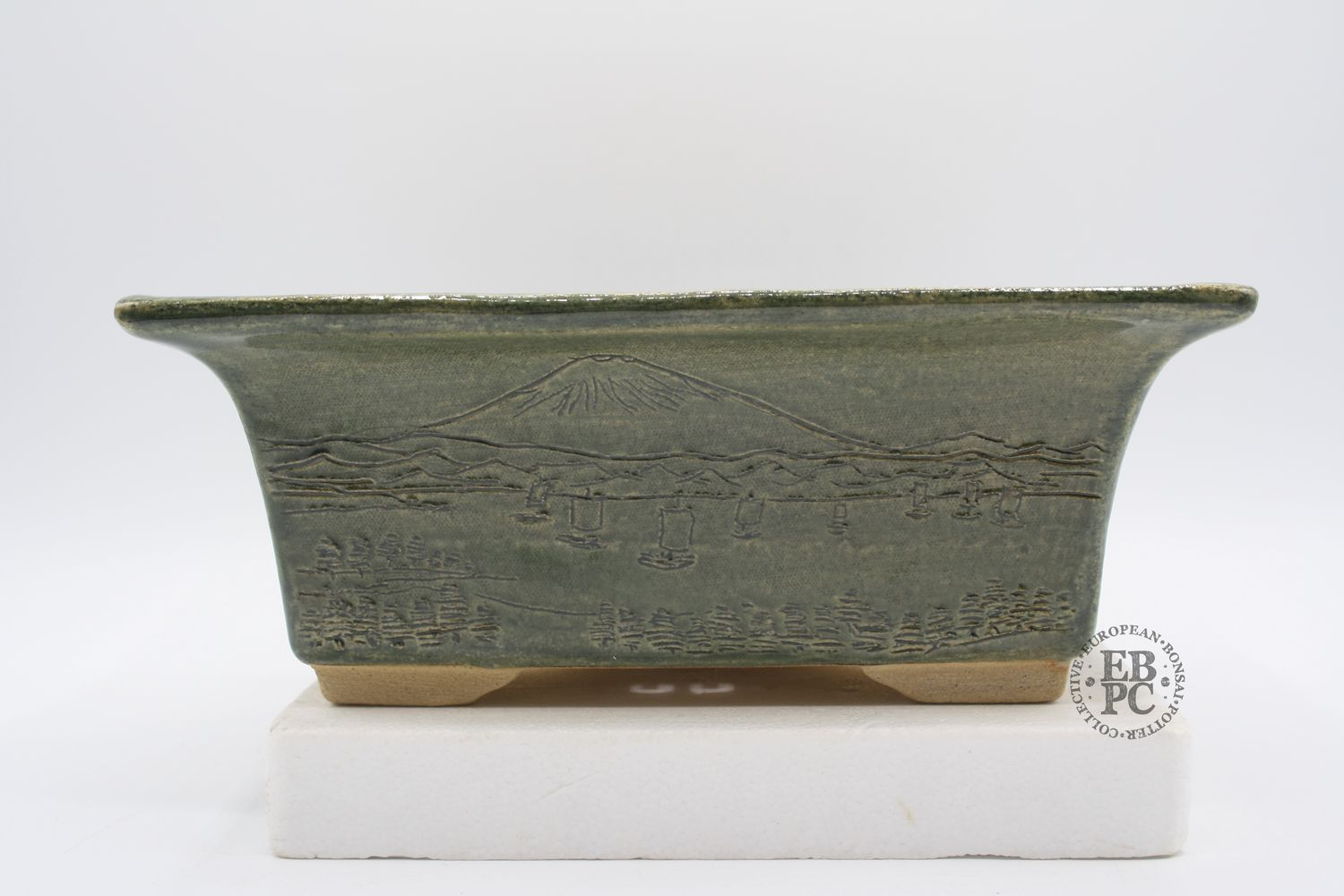 Shibusa Bonsai Pots - Italy. 20.5cm; Rectangle; Incised scene; Formal Design; Glazed; Green. * EBPC-DIRECT *- Shipped by the artist. Lorenzo Penello - Italy.