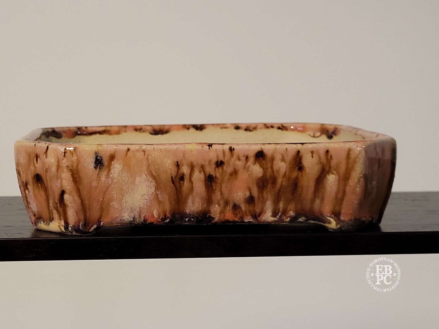 Michal Mokry - Netherlands.   14.8cm; Rectangle; Intricate Running Glaze; Cut Corners:  Pink; Browns; Made by Michal Mokry.  *EBPC DIRECT (Sent to you from within the EU!) *