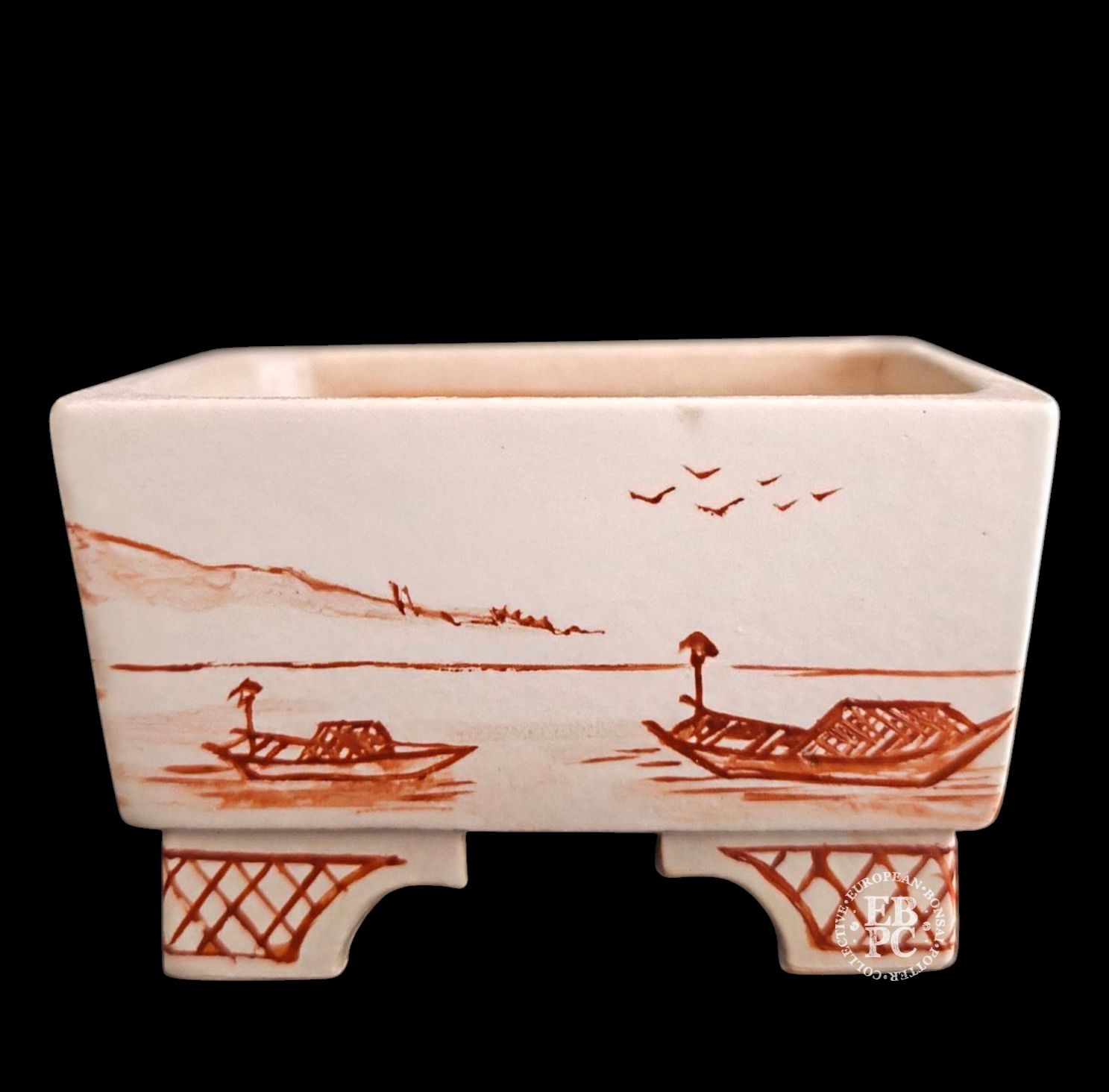 Vasart Bonsai - Italy.  9cm; Square; Classic Design; Hand-Painted; &#39;Sea &amp; Landscape in Red&#39;; Mottled Finish; Made by Vasart Bonsai; EBPC Stamped;  *EBPC DIRECT (Sent to you from within the EU!) *