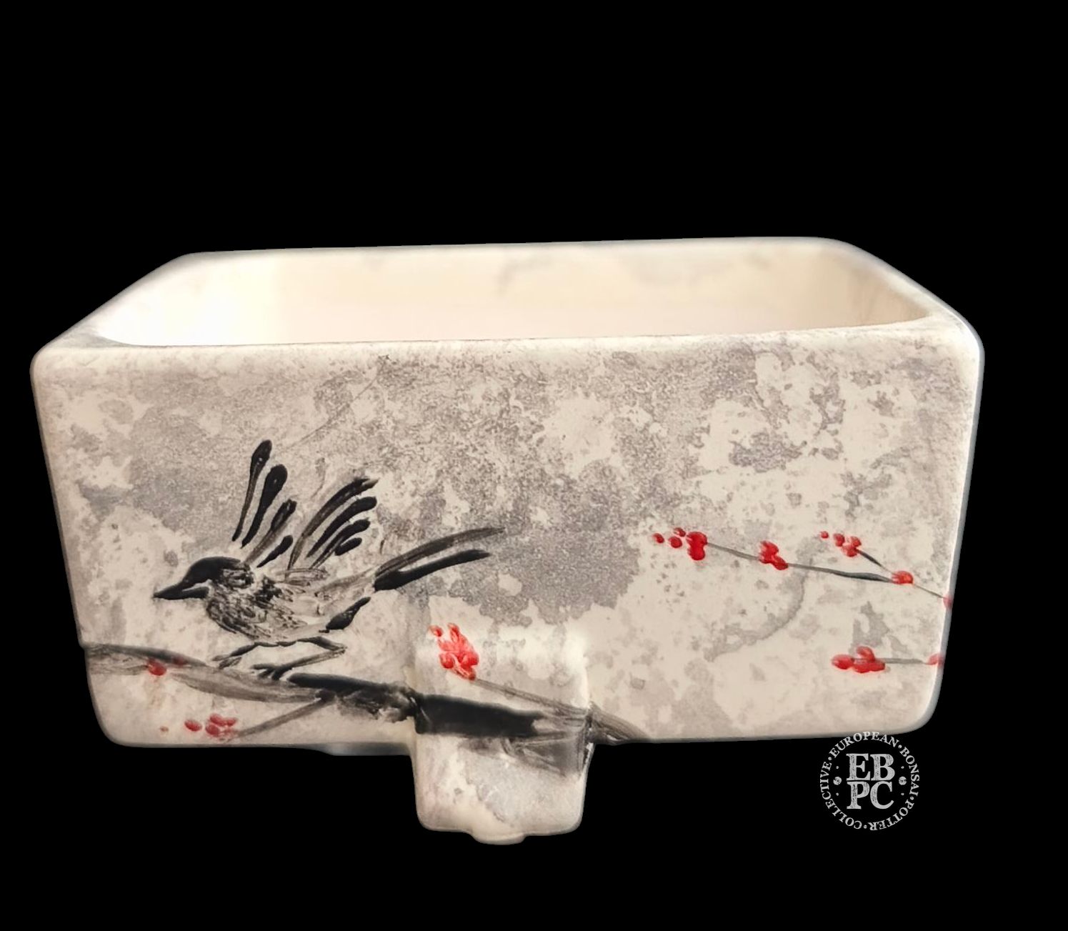 Vasart Bonsai - Italy.  9.3cm; Square; Unique Design; Hand-Painted; Birds &amp; Blossom; Mottled Finish; Made by Vasart Bonsai; EBPC Stamped;  *EBPC DIRECT (Sent to you from within the EU!) *
