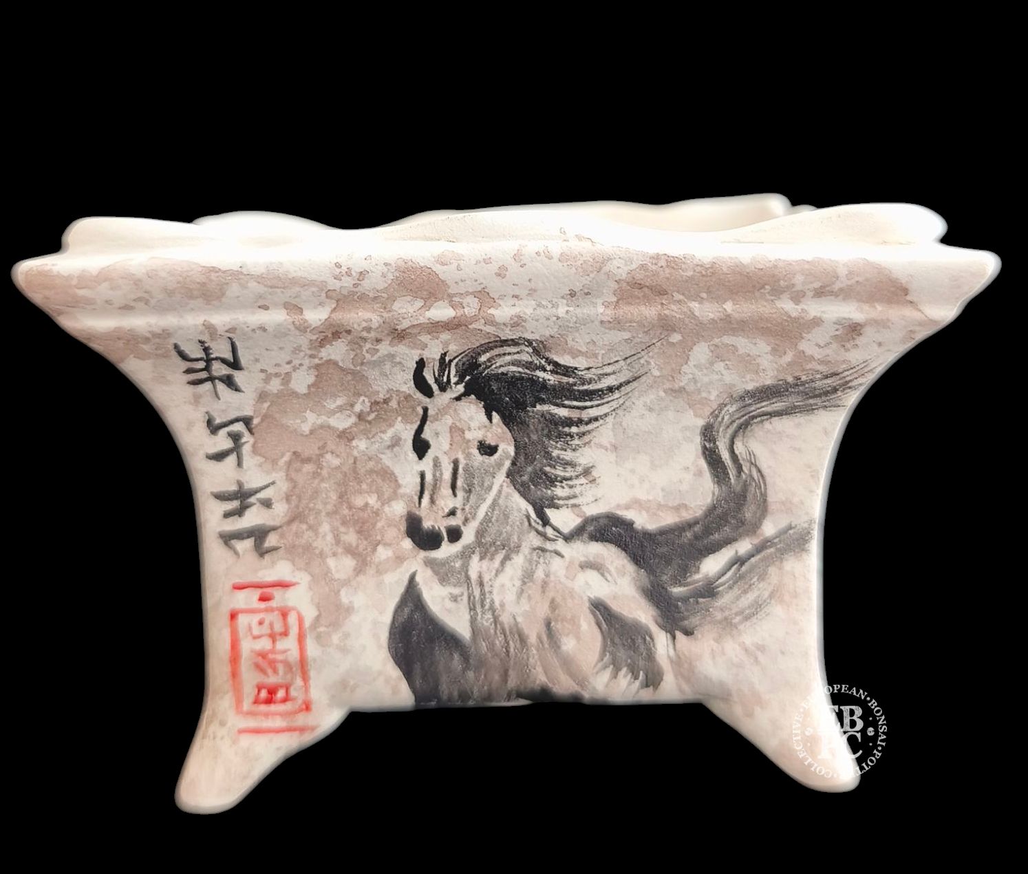 Vasart Bonsai - Italy.  11.5cm; Square; Flared Design; Hand-Painted; &#39;馬 Uma the Horse&#39;; Mottled Finish; Made by Vasart Bonsai; EBPC Stamped;  *EBPC DIRECT (Sent to you from within the EU!) *