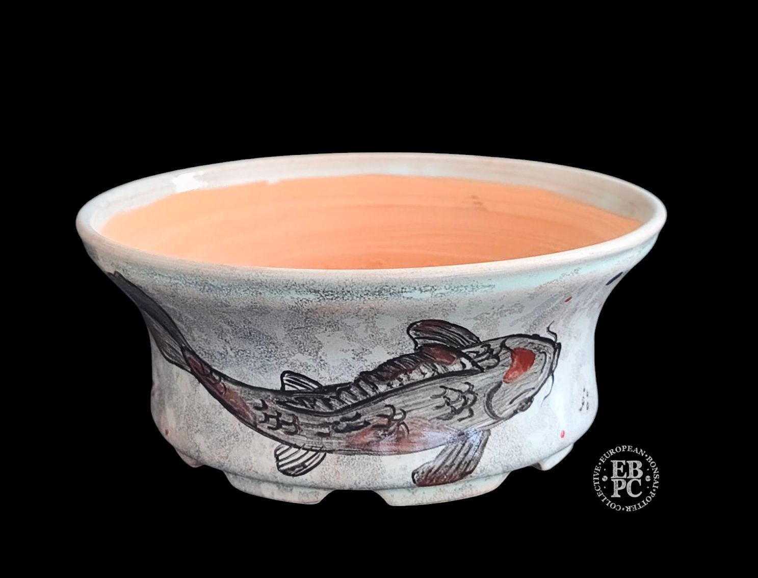Vasart Bonsai - Italy.  13.7cm; Round; Unique Design; Hand-Painted; &#39;Kohaku&#39; Fish Painting; Mottled Finish; Made by Vasart Bonsai; EBPC Stamped;  *EBPC DIRECT (Sent to you from within the EU!) *