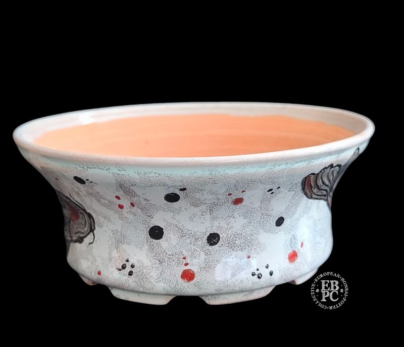 Vasart Bonsai - Italy. 13.7cm; Round; Unique Design; Hand-Painted; 'Kohaku' Fish Painting; Mottled Finish; Made by Vasart Bonsai; EBPC Stamped; *EBPC DIRECT (Sent to you from within the EU!) *