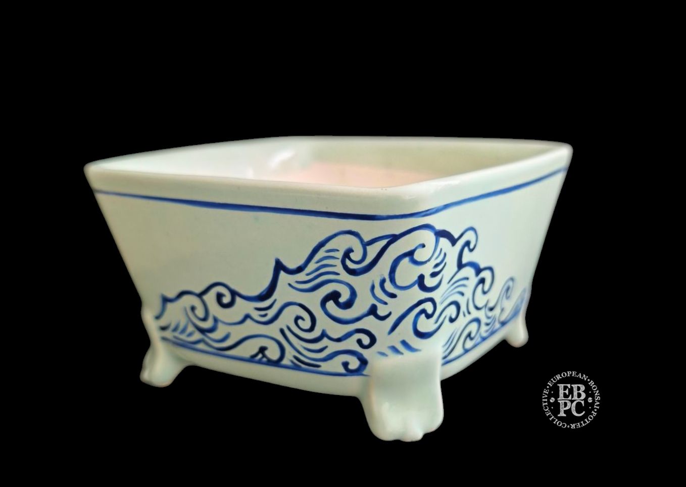Vasart Bonsai - Italy.  10cm; Square; Classic Design; Hand-Painted; &#39;Waves&#39;; Celadon Glaze; Made by Vasart Bonsai; EBPC Stamped;  *EBPC DIRECT (Sent to you from within the EU!) *