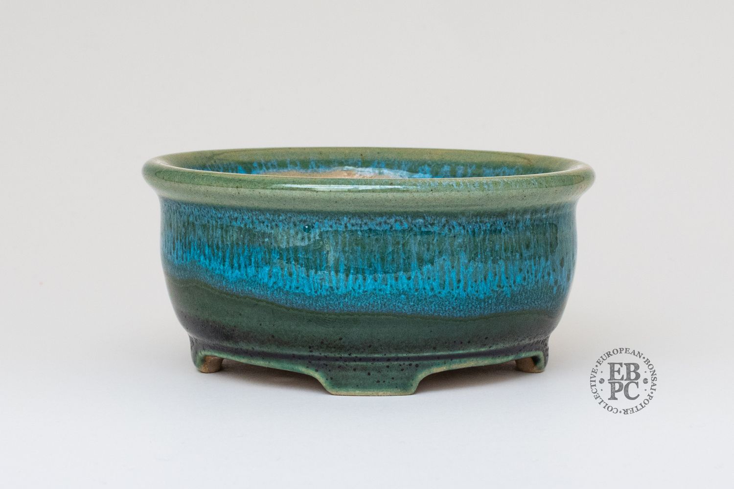 Yaruki Ceramics - Rome.   9.5cm; Round; Semi-Cascade; Excellent Glaze; Chun &amp; Oribe;  Greens; Blues; Made by Giuseppe Lombardo