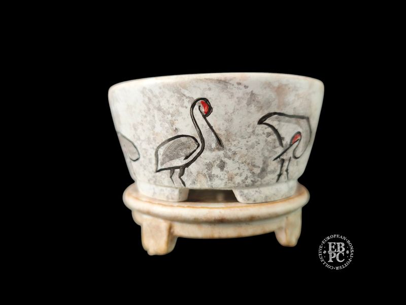 Vasart Bonsai - Italy. 10cm; Round; Hand-Painted; 'Red-Crowned Crane'; Includes Bespoke Stand; Mottled Finish; Made by Vasart Bonsai; EBPC Stamped; *EBPC DIRECT (Sent to you from within the EU!) *