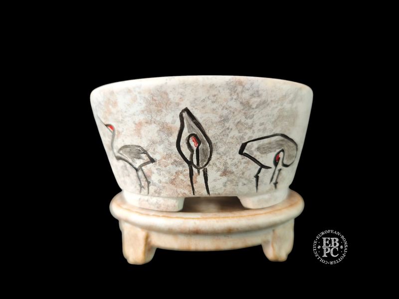 Vasart Bonsai - Italy.  10cm; Round; Hand-Painted; &#39;Red-Crowned Crane&#39;; Includes Bespoke Stand; Mottled Finish; Made by Vasart Bonsai; EBPC Stamped;  *EBPC DIRECT (Sent to you from within the EU!) *